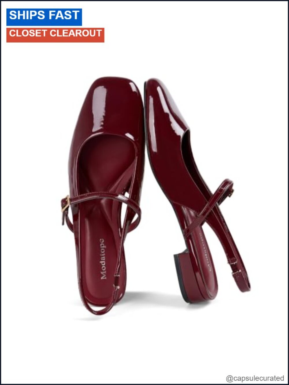 Patent Leather Mary Jane Slingback Flats Square Toe Block Heel Dress Shoes